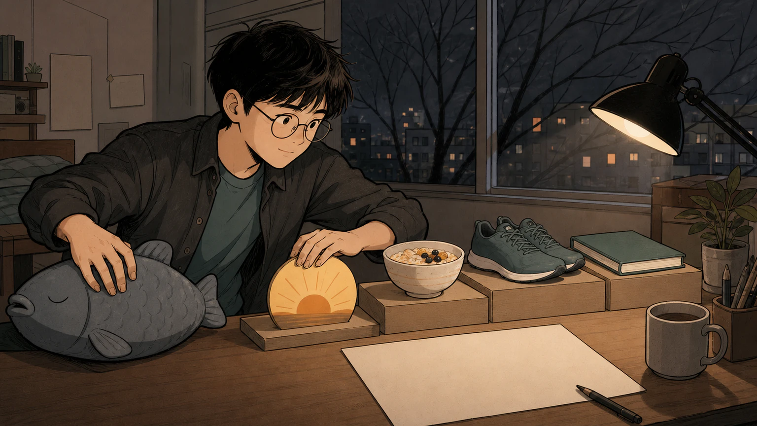 At a late-night desk, Forest nudges aside an unmoving salted-fish cushion and arranges morning, breakfast, exercise, and study pieces into a new-year path