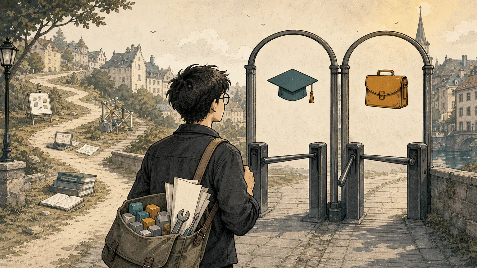 Forest carries algorithm blocks, internship tools, and research papers toward two parallel gates representing graduation and job hunting