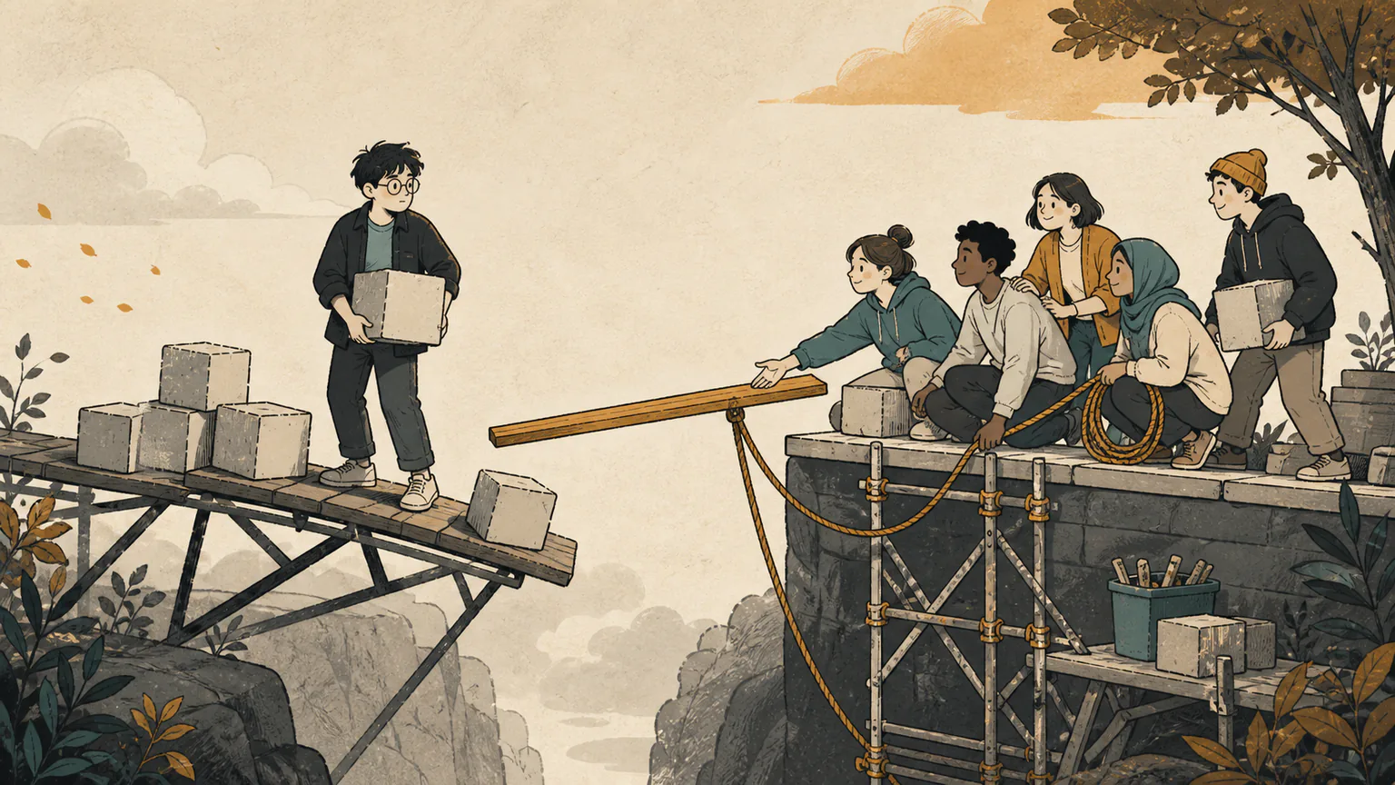 Forest carries heavy blocks alone on a tilting narrow bridge while nearby peers extend shared scaffolding and support ropes