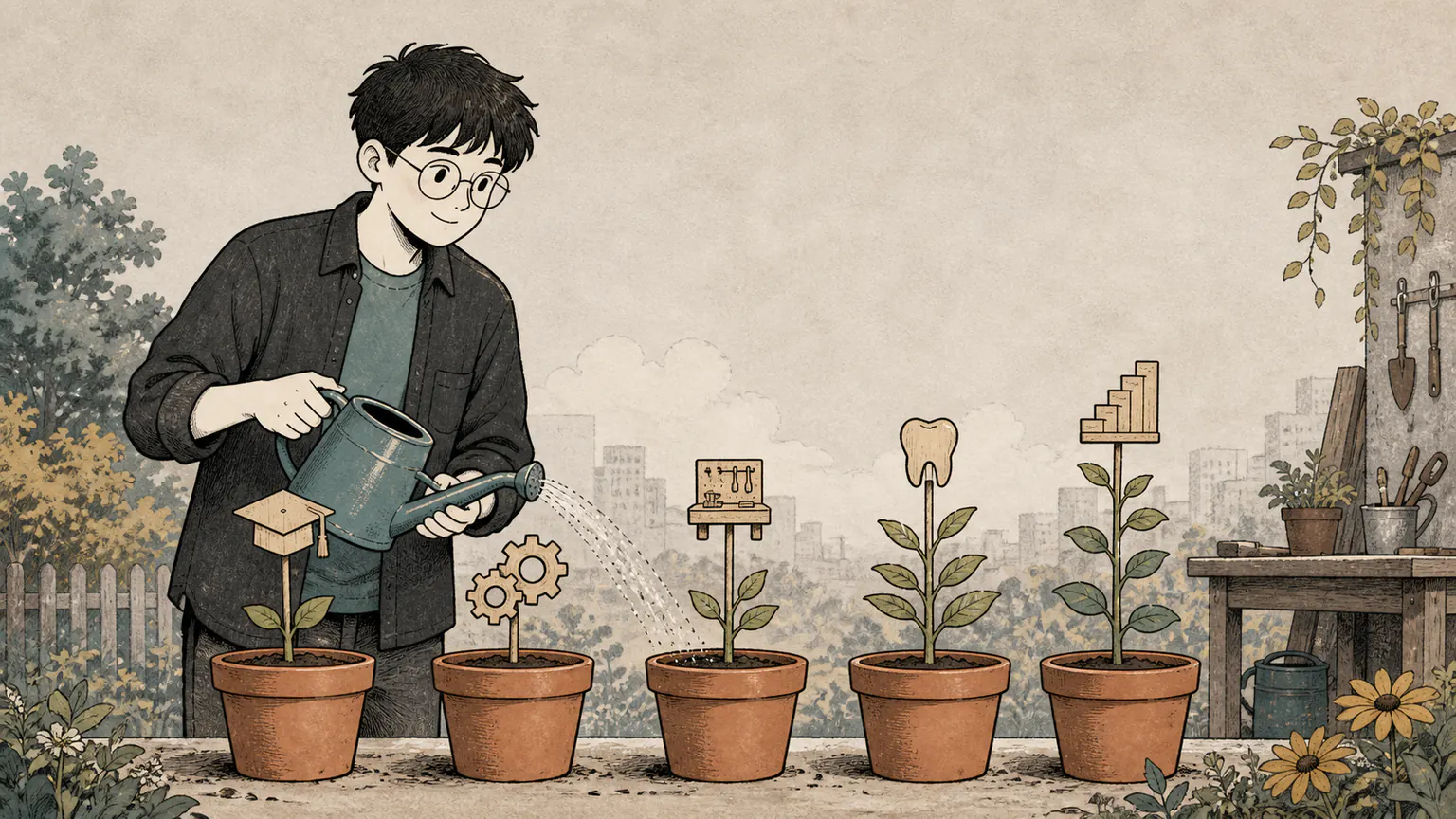Forest tends five seedlings representing graduation, professional skills, work, dental health, and a sustainable coding habit