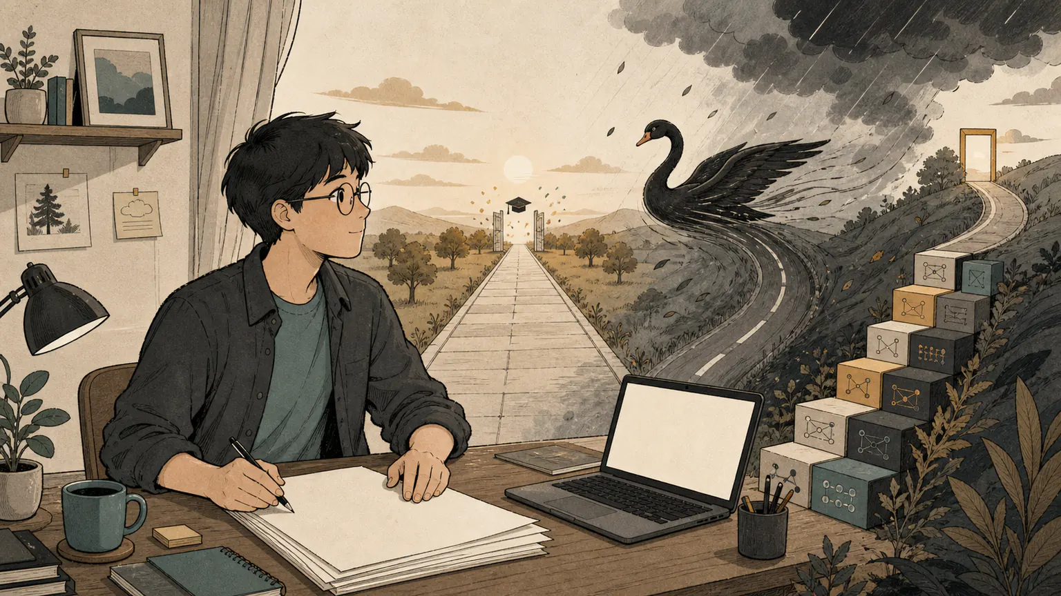 Forest protects a thesis, remote-work laptop, and coding staircase as a black swan storm suddenly diverts the road ahead