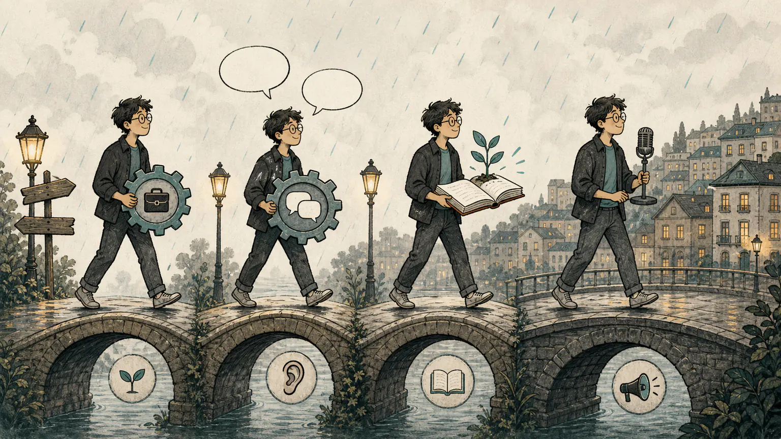 Forest crosses a bridge toward a rainy European skyline while tending skill gears, conversation bubbles, a book seedling, and a microphone