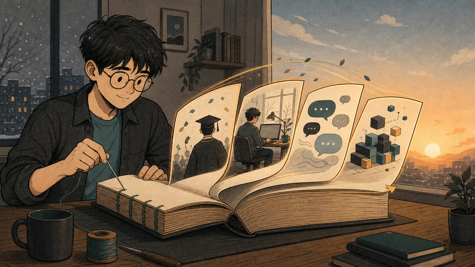 Forest binds graduation, remote work, English practice, and code projects into a yearly journal that grows thicker toward a new dawn