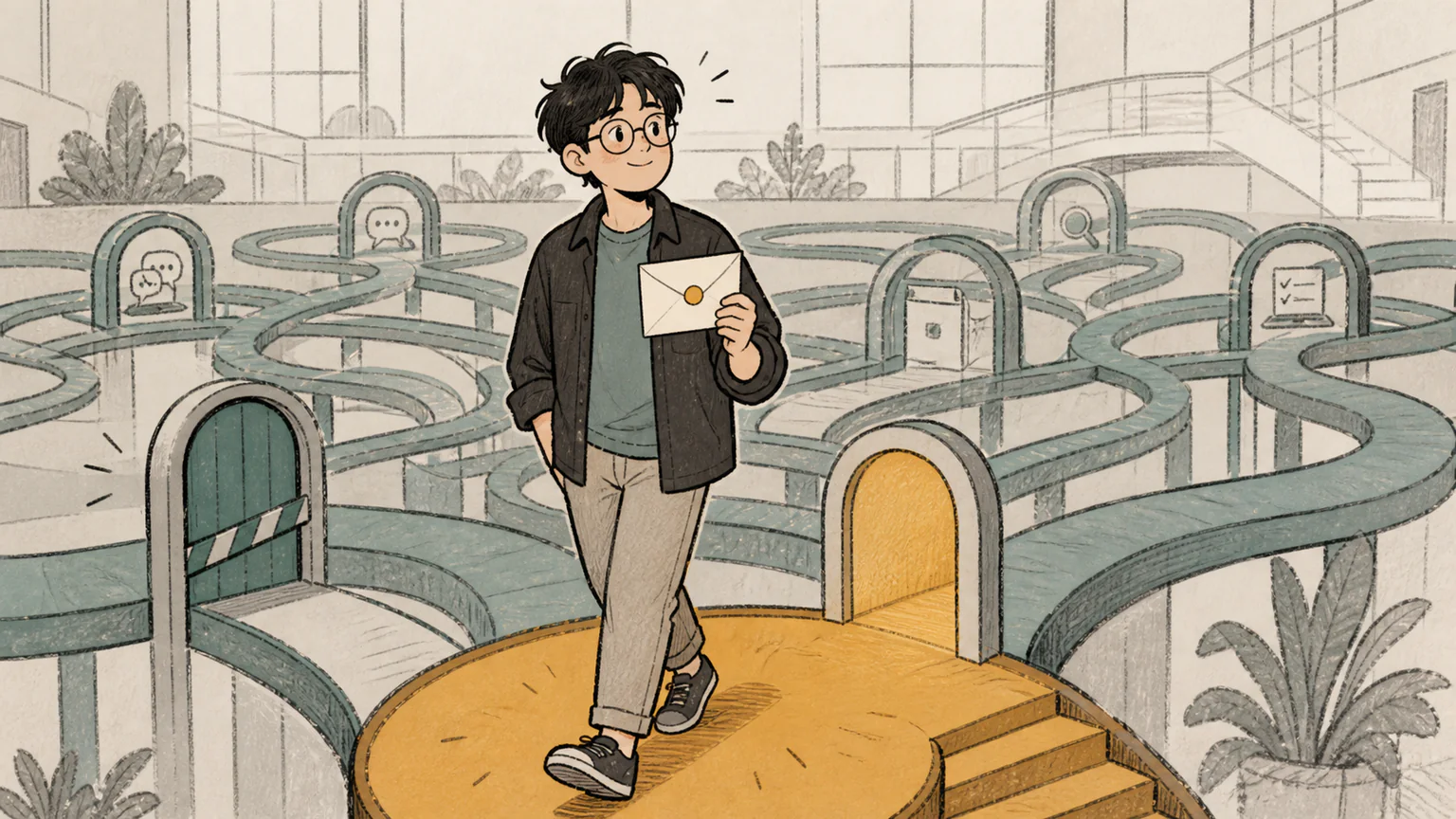 Forest steps out of a looping interview maze onto a small lit platform while several routes continue moving behind him