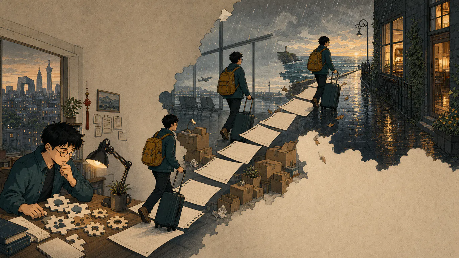 Forest pulls a suitcase through a gateway of turning calendar pages from a confined Beijing room into the morning light of a rainy Dublin apartment