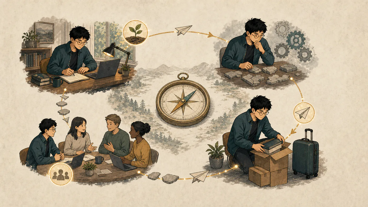 Forest moves in relay through a home office, an interview practice track, packing boxes, and an international workplace