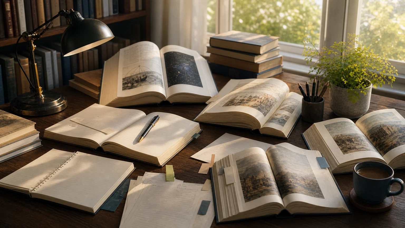 Books and travel notes on a reflective desk