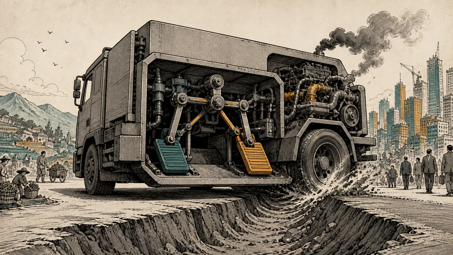 One mechanical linkage presses a giant truck's accelerator and brake at once, grinding a deep trench beneath its wheels