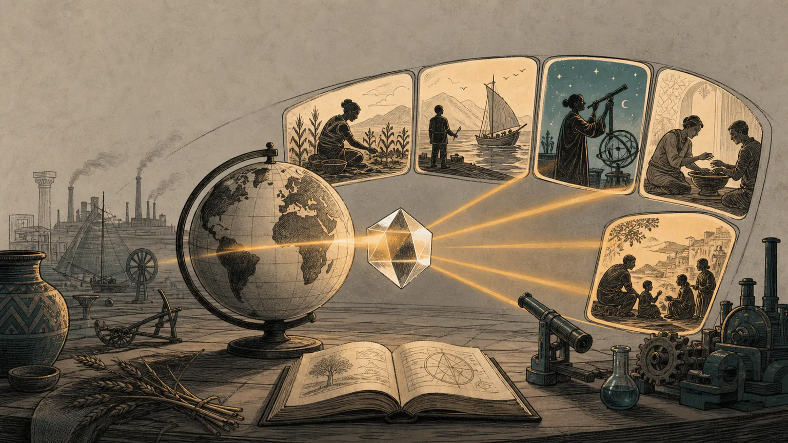 A rotating globe passes through a many-sided prism and the same history appears as complementary silhouettes in several viewing windows
