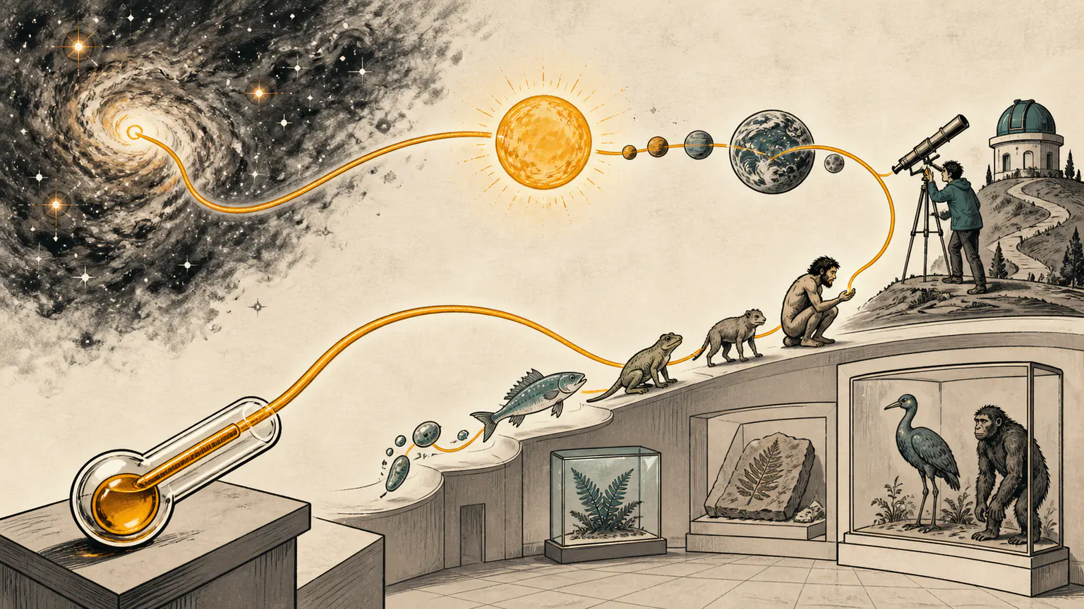 A thermometer becomes a glowing thread linking a nebula, the Sun, Earth, evolving life, and human curiosity