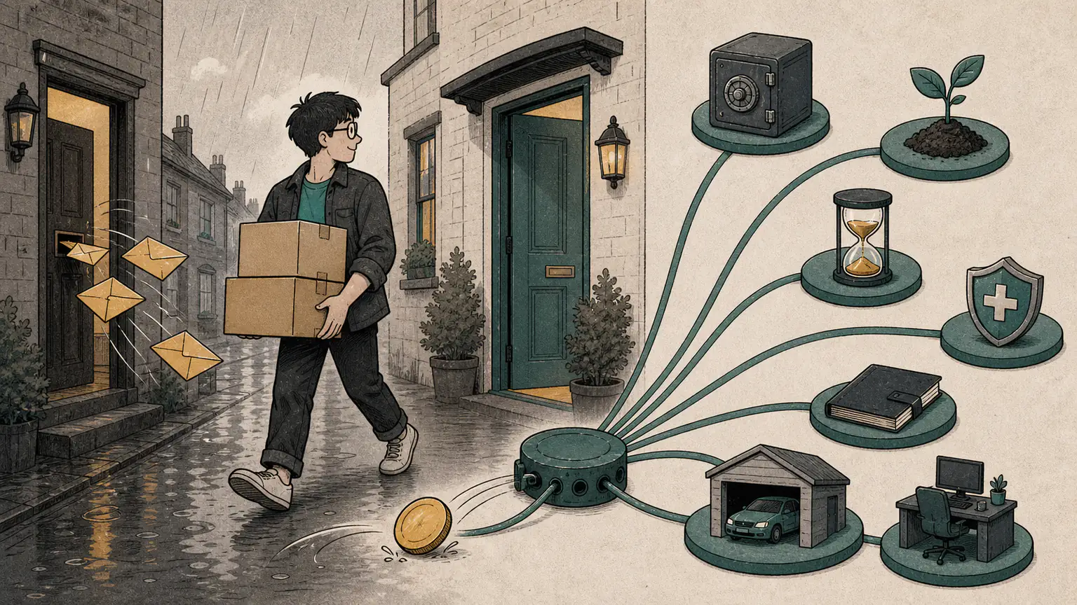 Forest carries moving boxes to a new home while one blank address token branches toward seven account stations