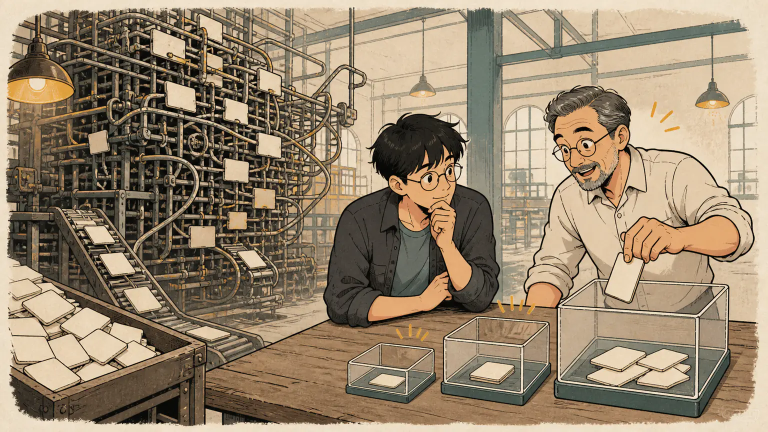 Forest faces a tangled data-processing machine while a mentor demonstrates inside-out validation with a stack of small transparent trays
