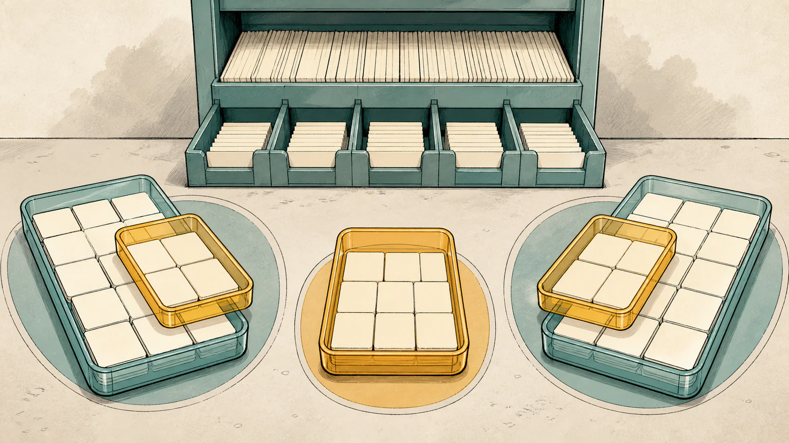 Three sets of transparent data trays overlap in different ways while a partition cabinet sorts a large stream of records into searchable drawers
