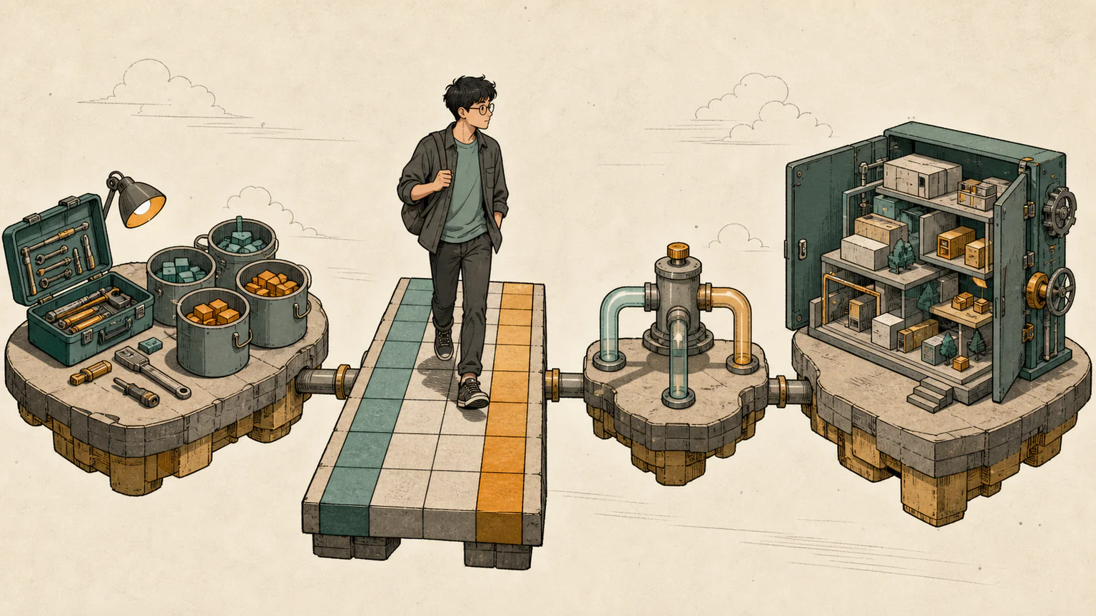 Forest carries algorithm blocks and project tools through four workshop gateways as hash buckets, matrix tiles, and data pipes become progressively deeper and more complex
