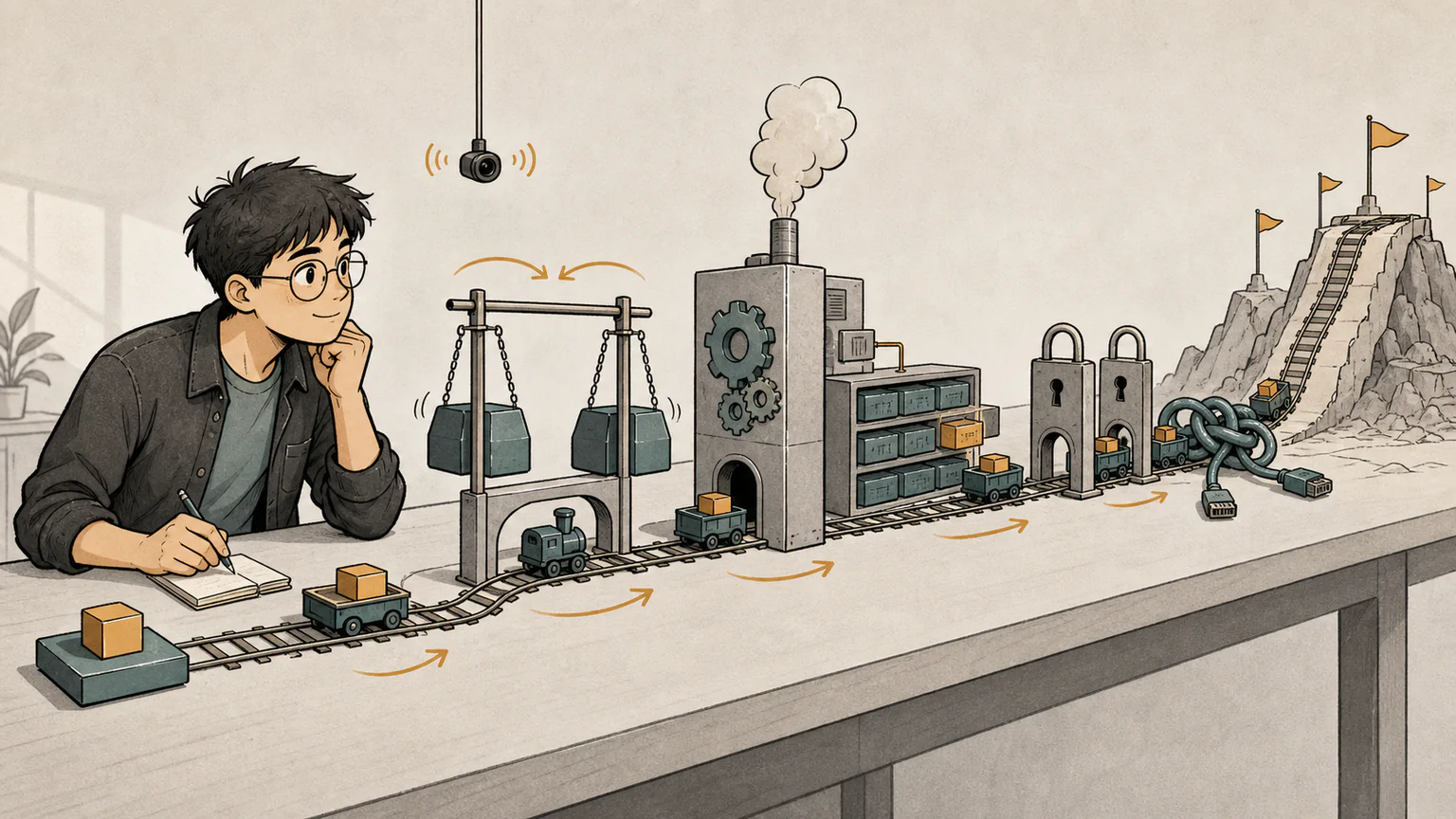 Forest sits at an unmarked remote interview table with linked carriages, paired weights, and a widening row of engineering tools