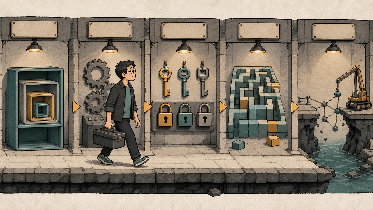 Forest carries a toolbox through a corridor of compiler gears, expanding containers, locks, a memory maze, and a broken network bridge