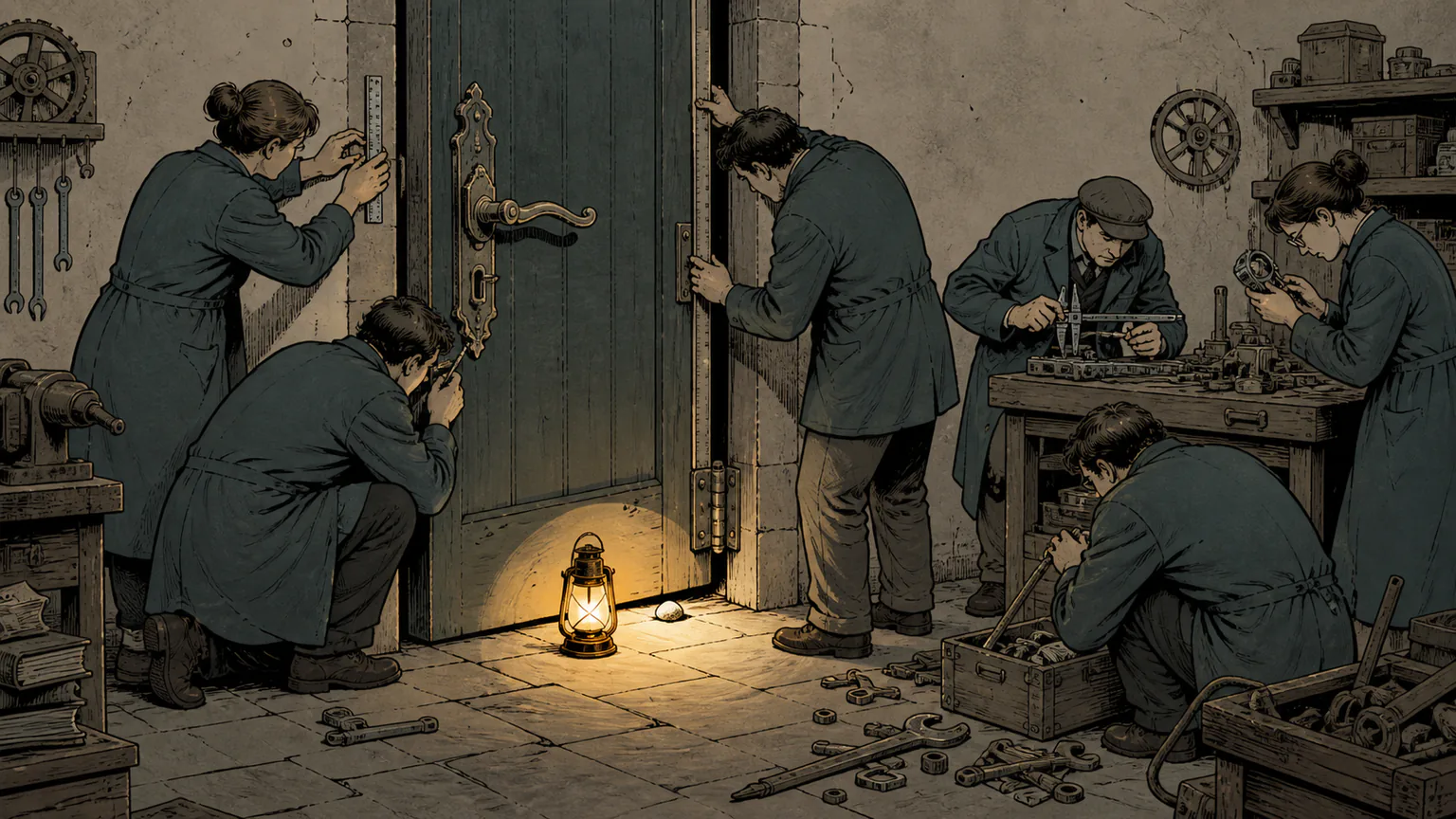 A team measures and adjusts a door that will not open while a small lamp reveals the pebble actually jamming its hinge