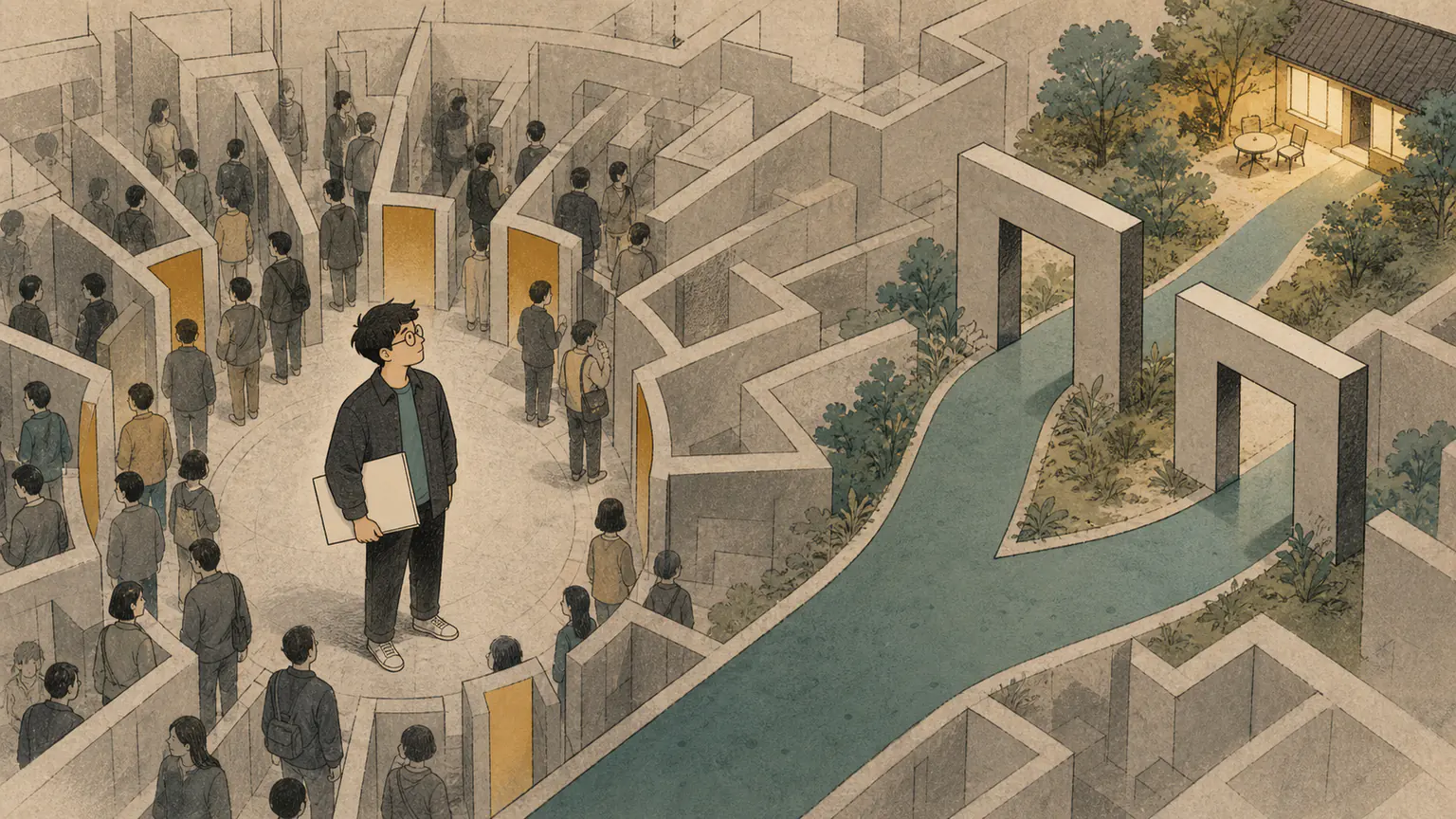 Forest discovers a newly opened side path through a dense city maze while carrying a blank folder toward a softly lit home