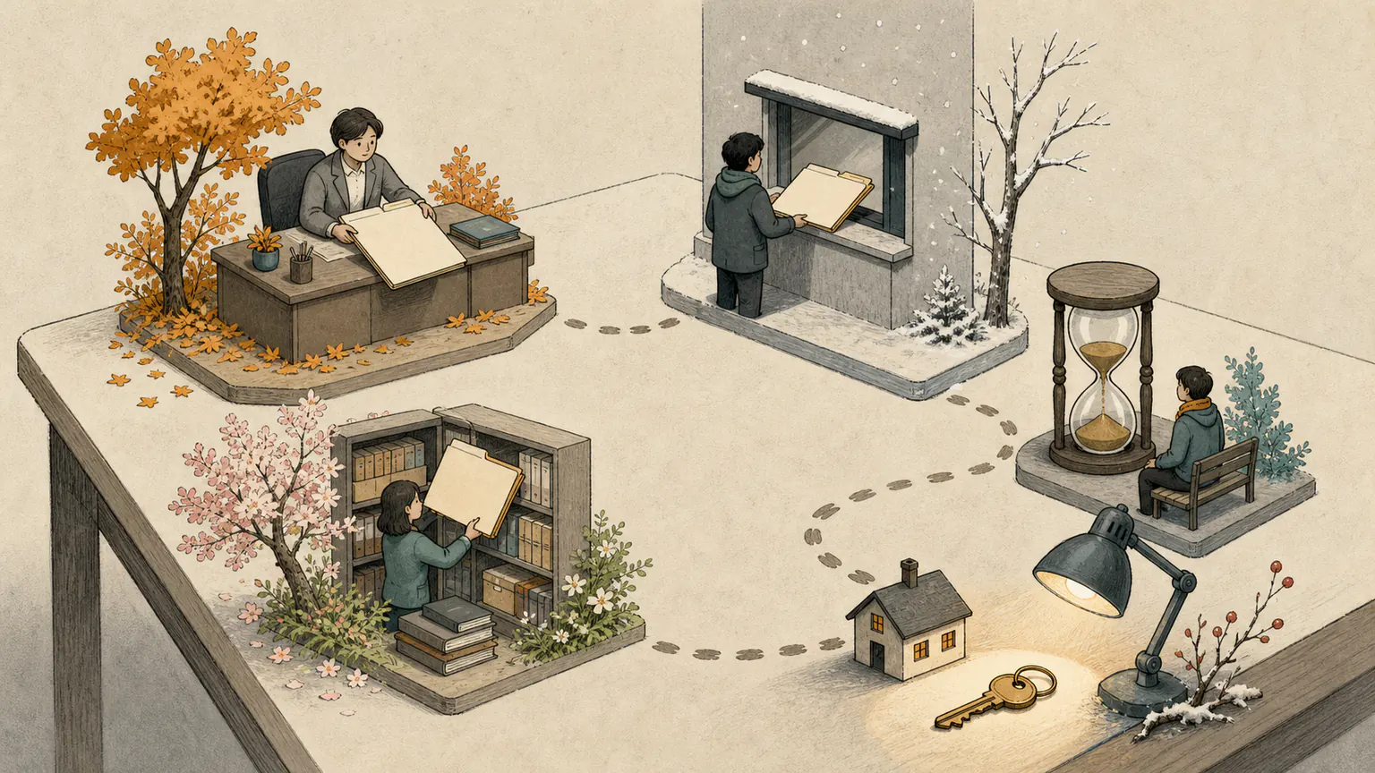 A blank folder passes between employer, school, archive, and waiting stations across changing seasons before becoming a simple house key