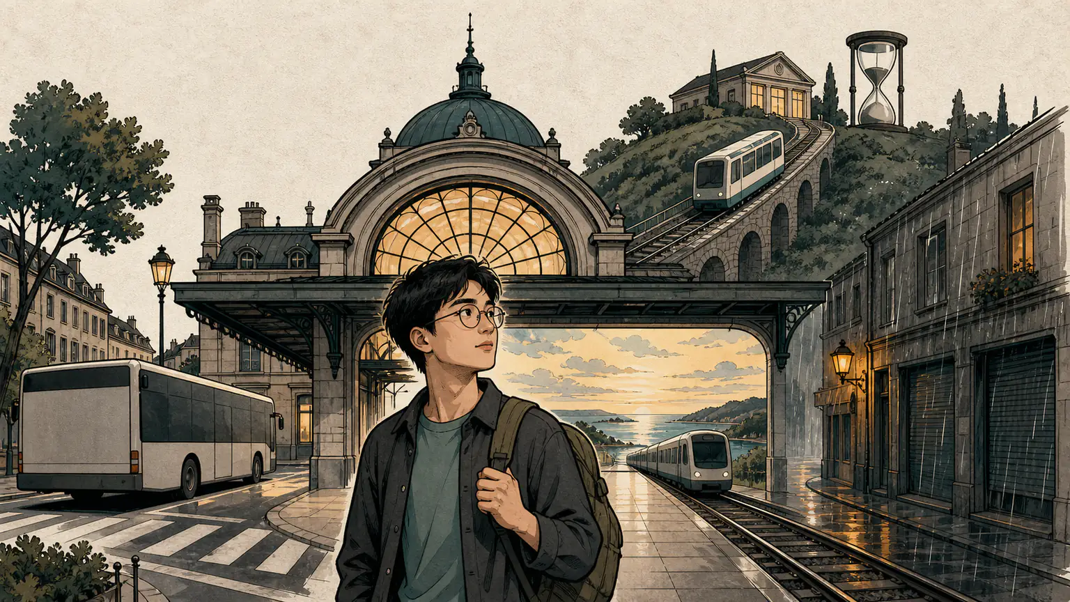 Forest crosses a compact exchange-year station where city life, rainy routines, a hilltop classroom, and onward travel meet on one journey