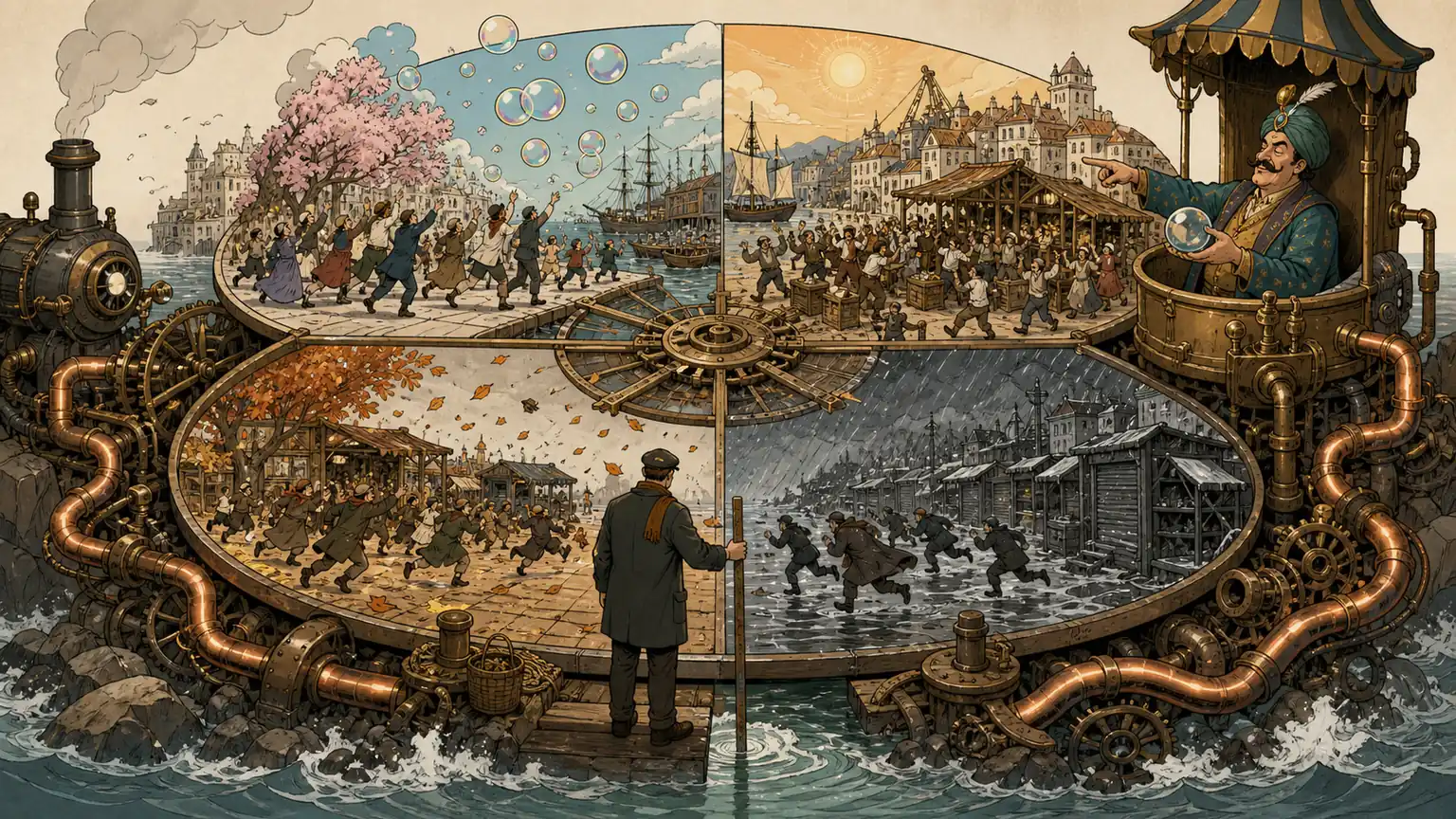 A coastal city turns through four market seasons while crowds chase bubbles and a quiet observer measures the real tide