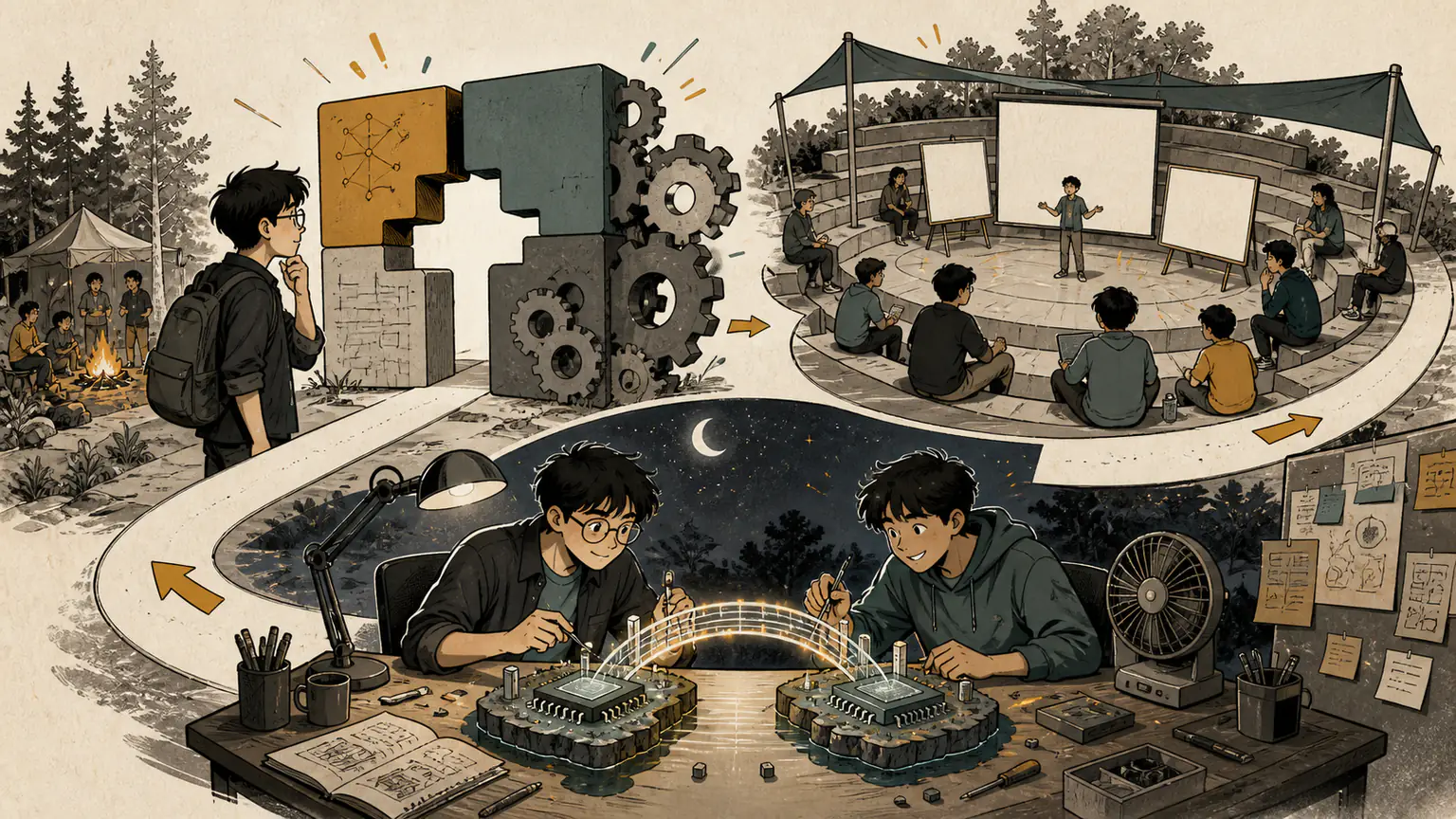 Younger Forest circles a one-week engineering track from a puzzle gate through a crowded lecture arc to a two-person midnight project bench