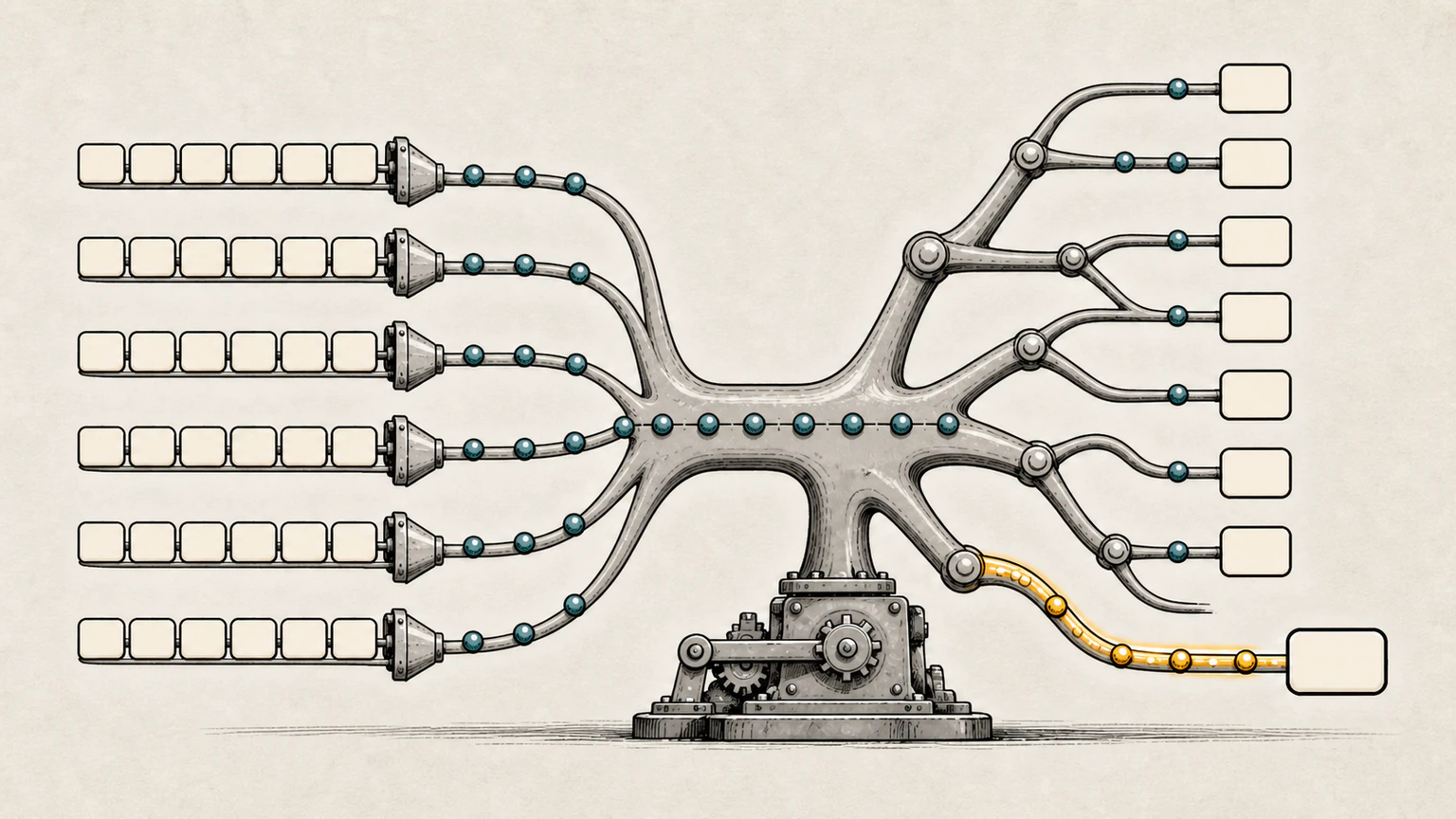 Several blank character-block strings merge into a shared prefix tree where distance beads reuse common branches to reveal the shortest path