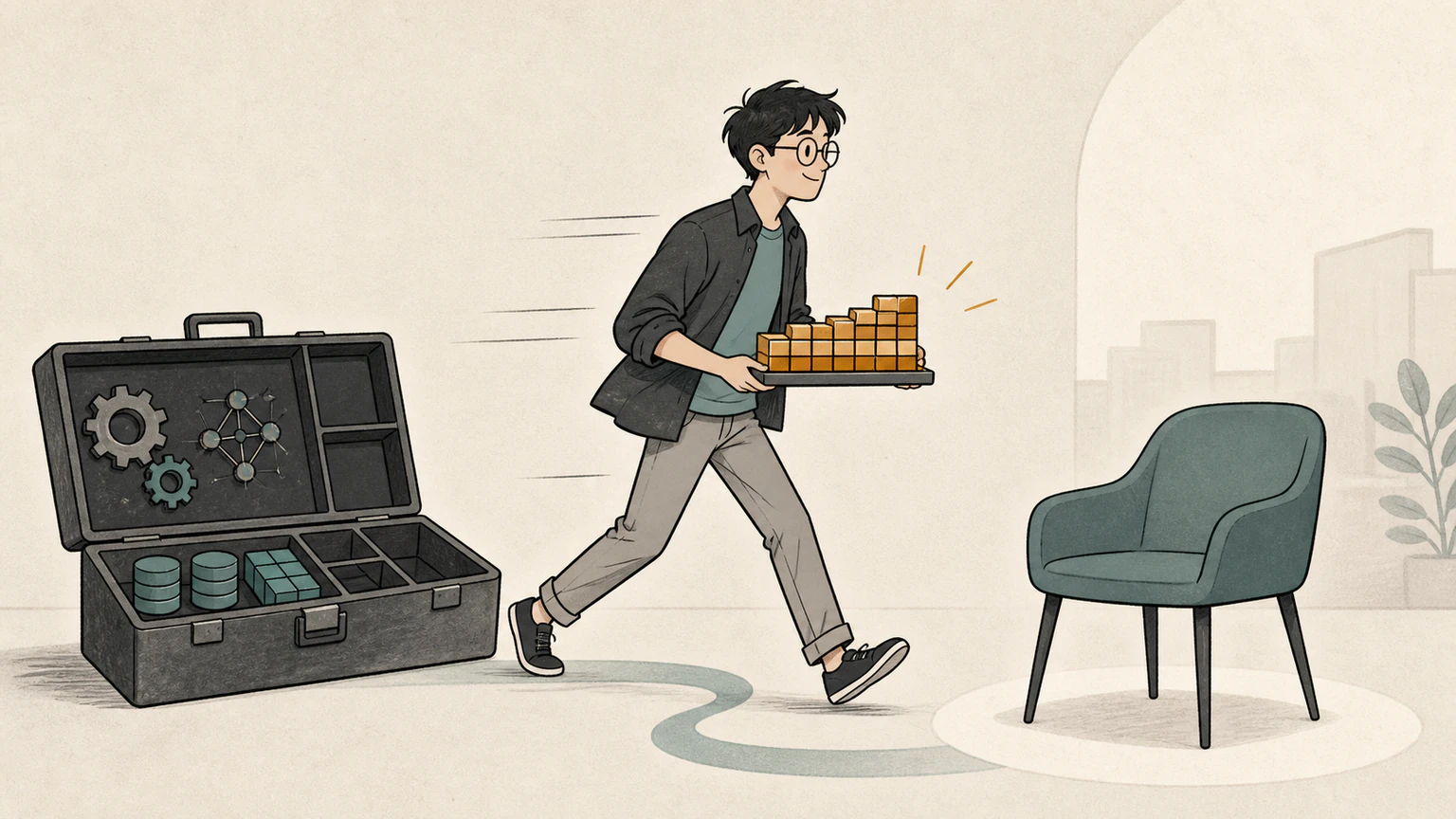 Forest hurries toward an interview chair with one polished algorithm tool while the computer-fundamentals toolbox behind him still has several empty compartments
