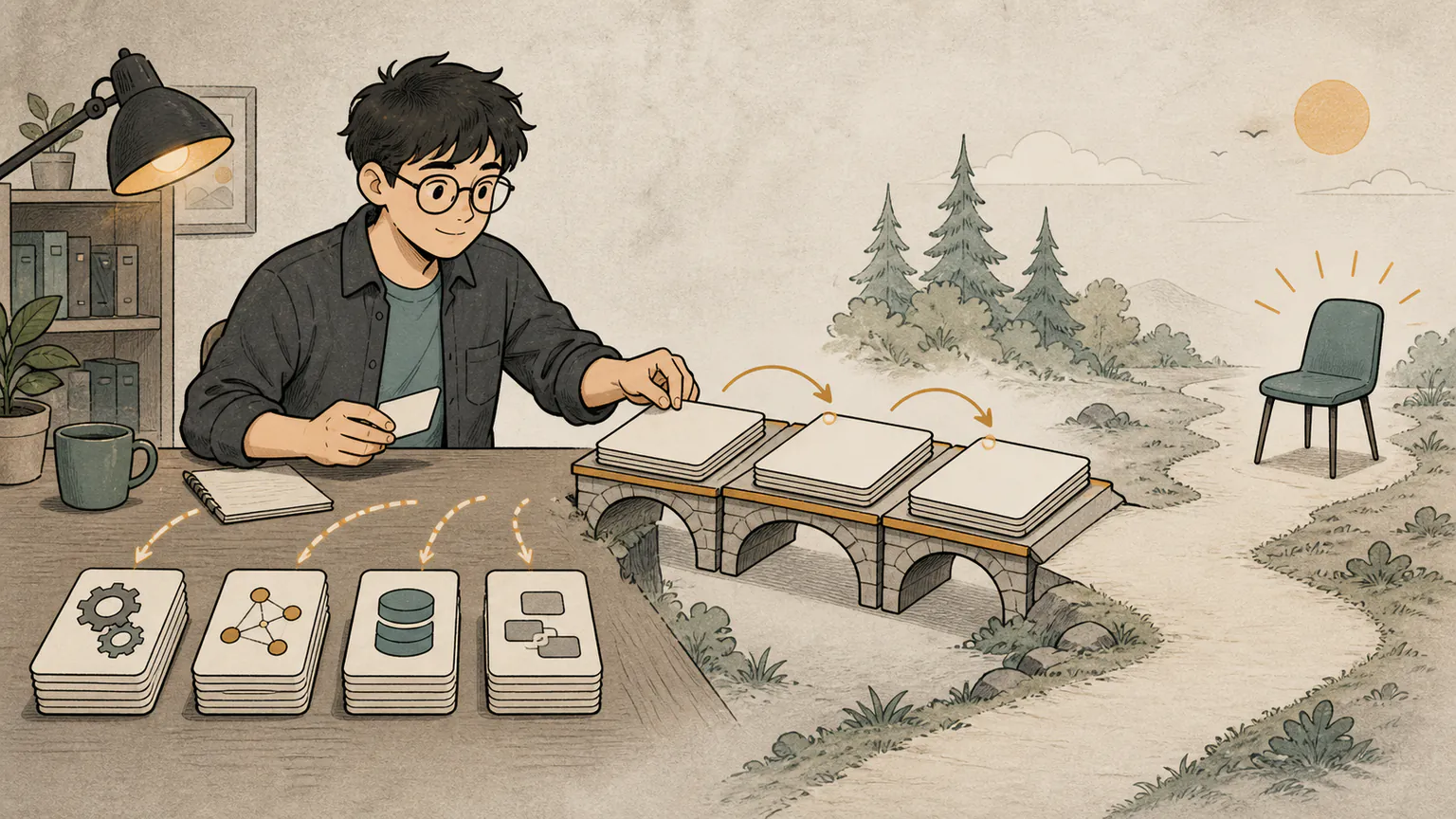 Forest arranges scattered systems, networking, database, and language cards into a three-stage study bridge leading toward the next interview