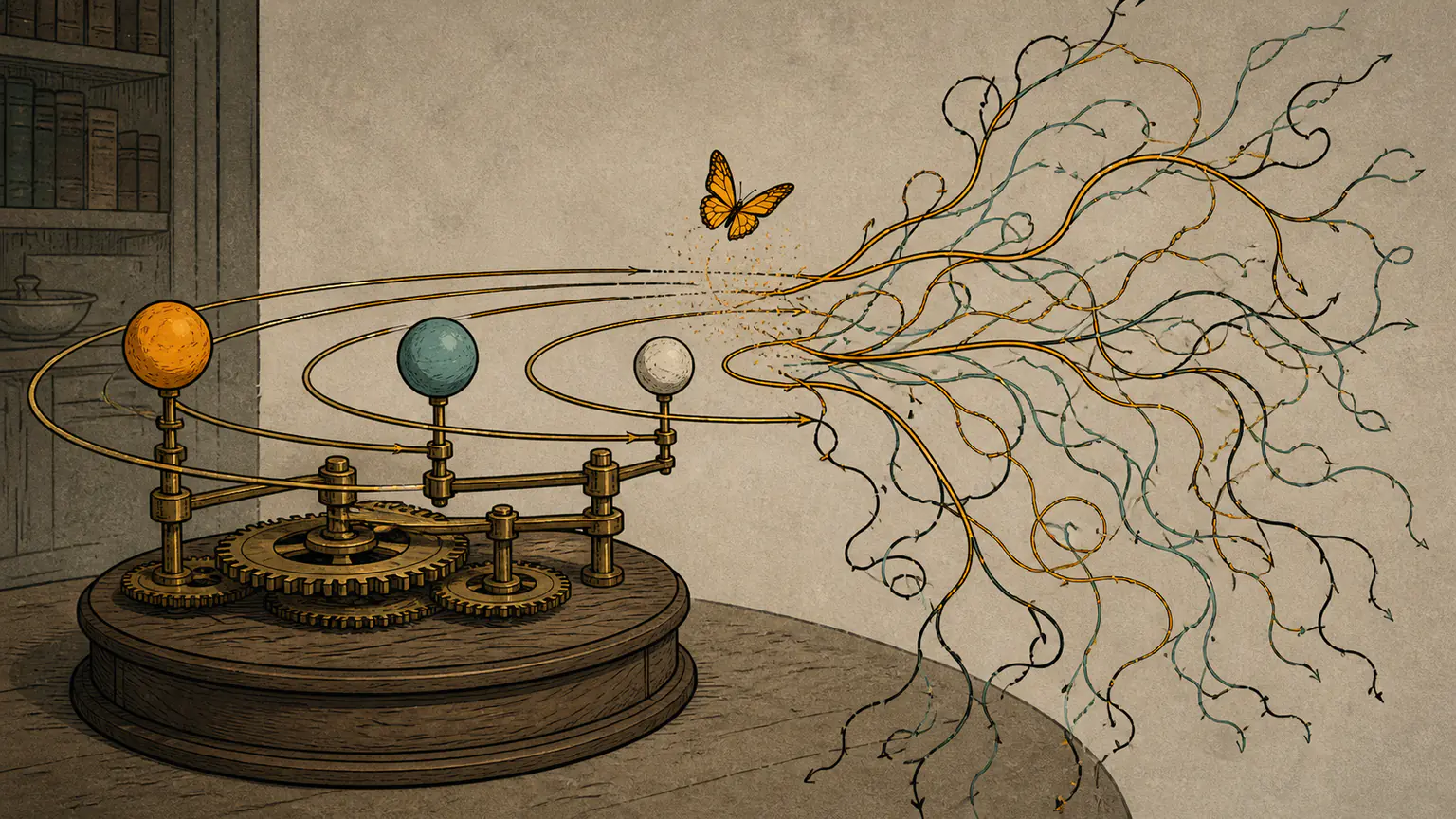 Three celestial bodies follow orderly paths that split into complex branches as an amber butterfly disturbs a clockwork model of the universe