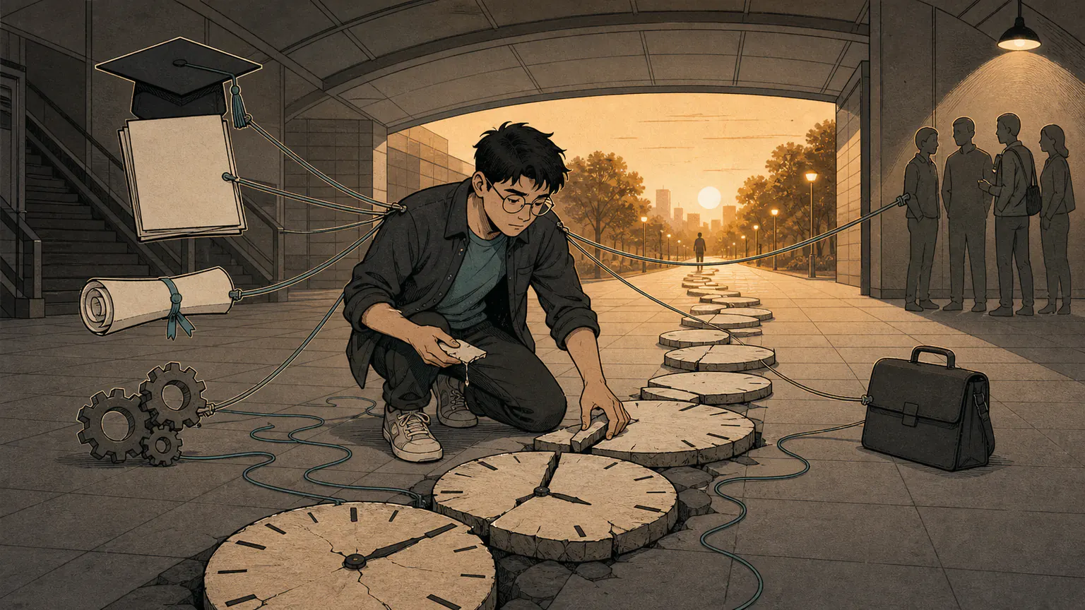 Forest is pulled between study, work, and social expectations while assembling scattered pieces of time into a path he can choose