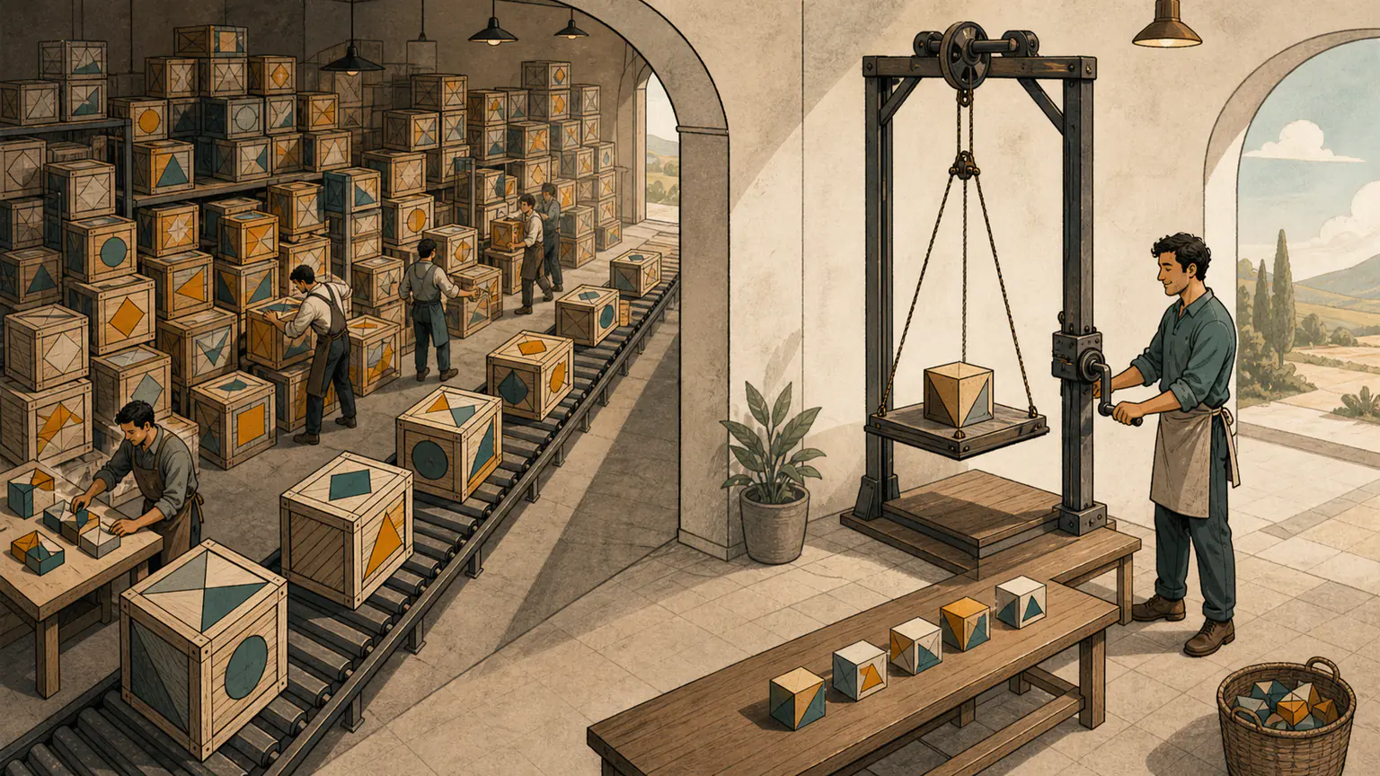 A sprawling storeroom prepares every combination crate in advance while a compact lift releases one neatly assembled crate per pull