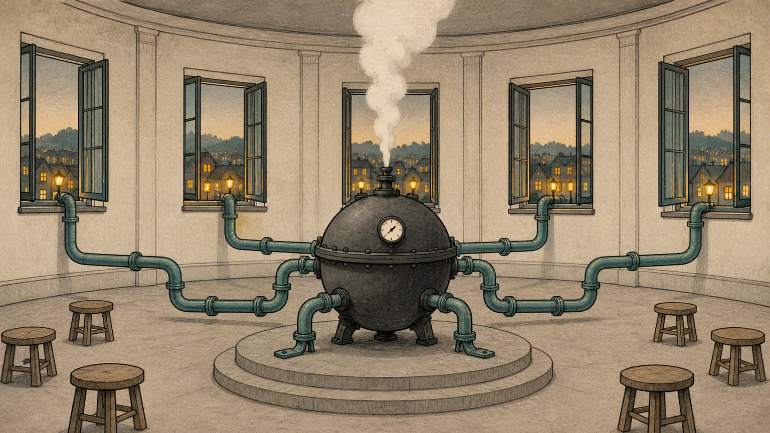 In a quiet civic atrium, steam from a sealed pressure vessel finds a path through branching pipes toward open windows and many small lights outside
