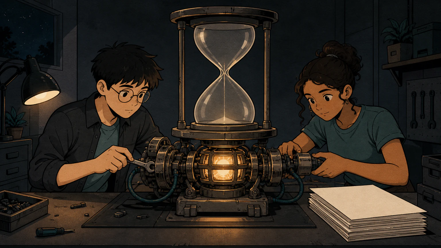 Under a nearly empty hourglass, Forest and a teammate repair opposite sides of a course-project machine while loose documentation pages settle into place