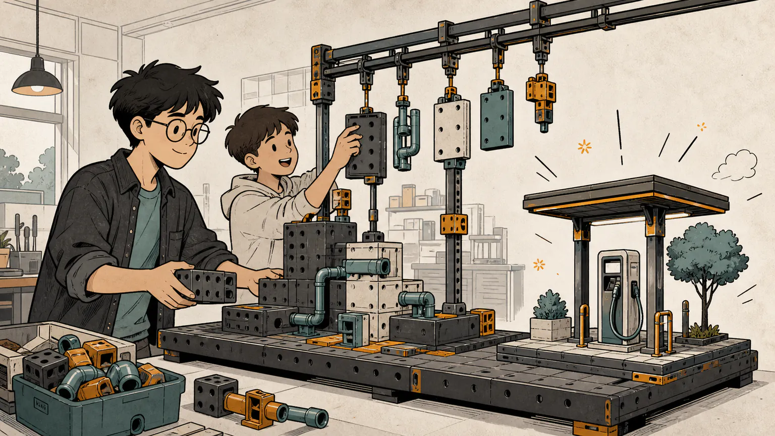 Younger Forest and a teammate use a large modular workshop rig to assemble a database foundation, service pipes, and a simple charging-station model