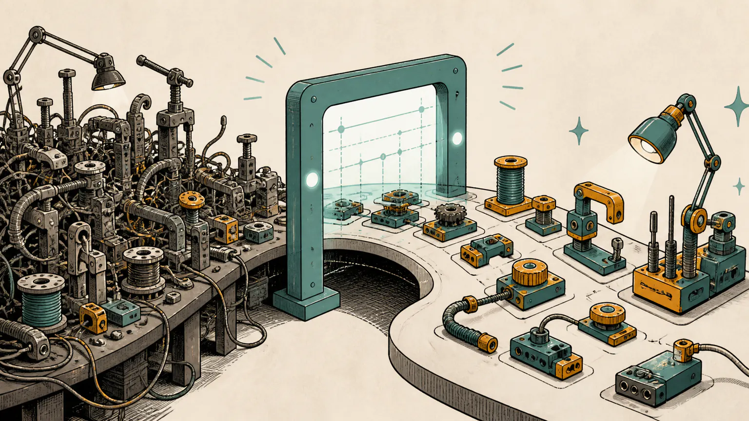 A tangled legacy workbench is reorganized into a compact modern programming workshop where every tool has a clear place