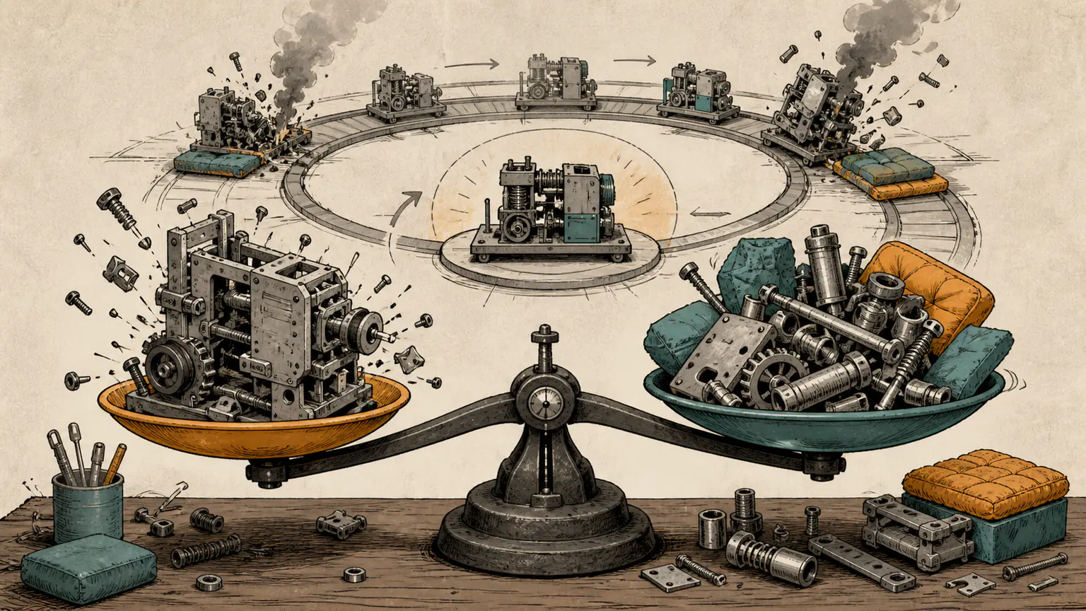 A stripped-down machine and a tray of safety margins pull against each other on a workshop balance while a test loop returns only essential parts