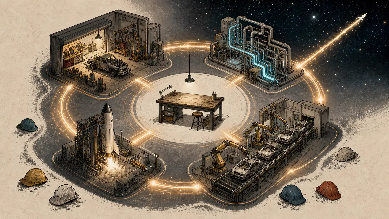 Four industrial rooms orbit an empty workbench as a glowing accelerator links a garage, payment pipes, a rocket test stand, and an electric assembly line