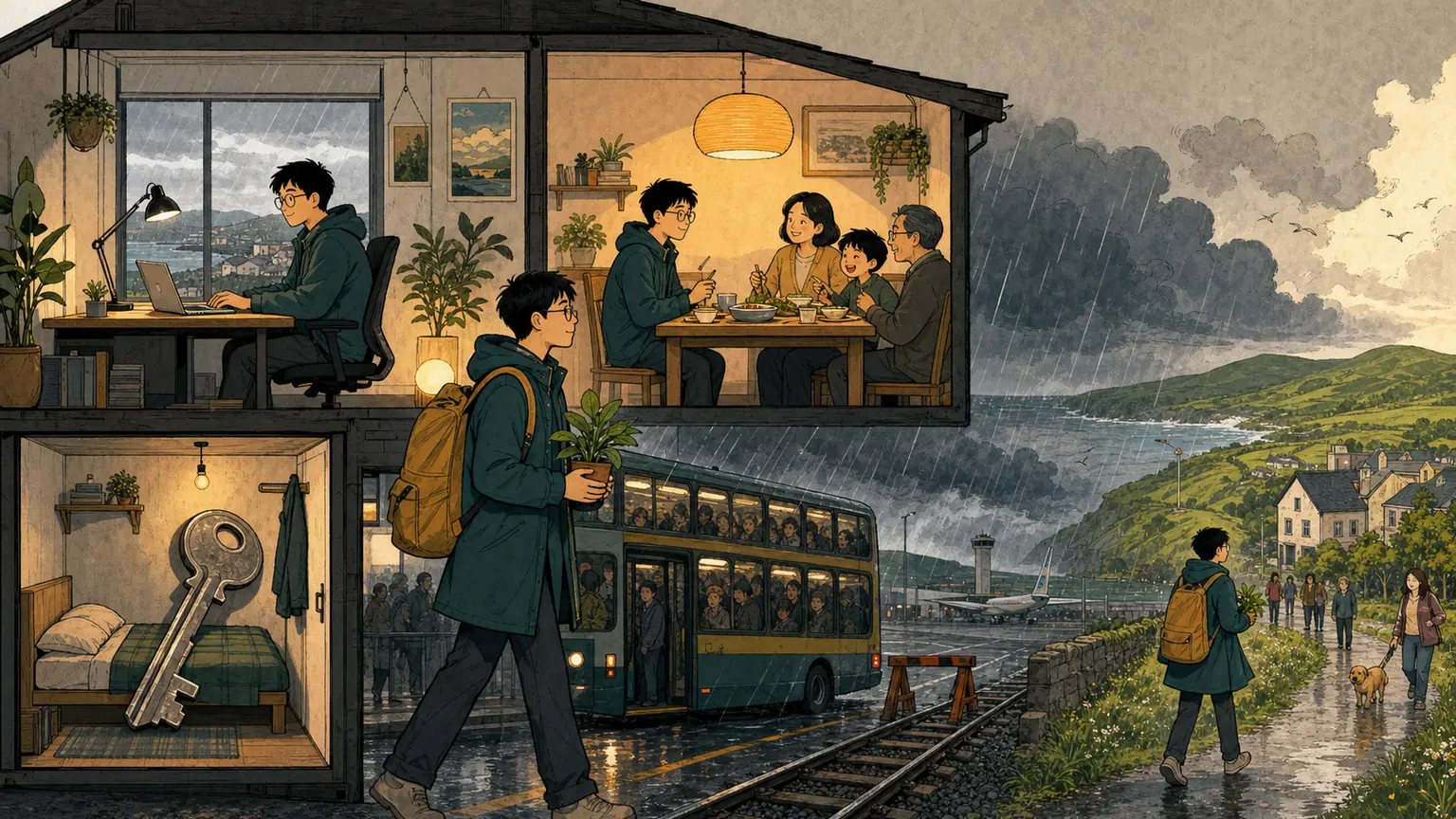 Forest carries a small plant through warm work and family rooms, crowded buses, rain, housing pressure, and a quiet green coast