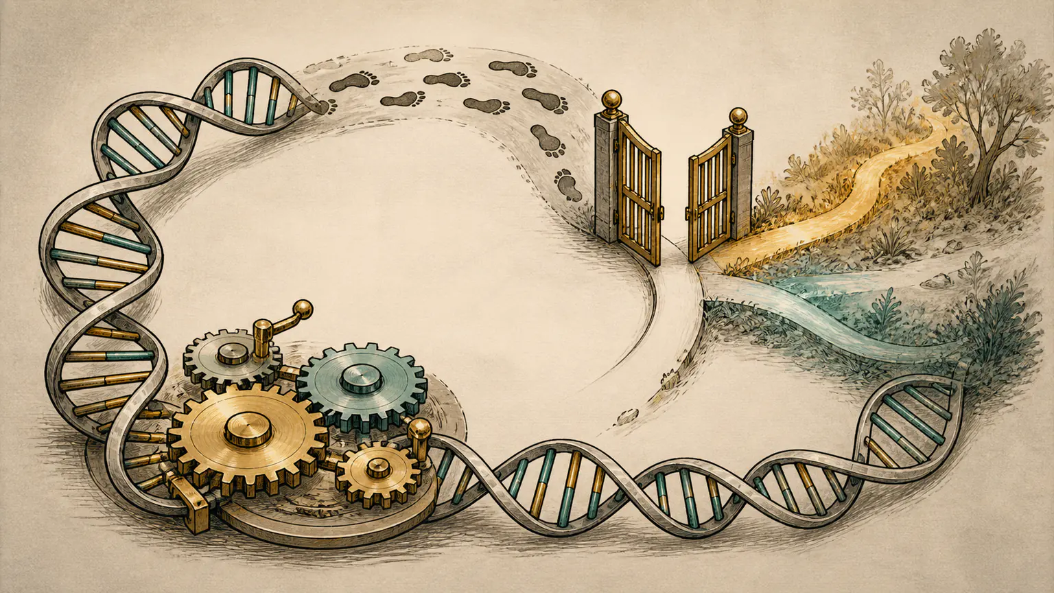 A DNA double helix passes through footprints, environmental gears, and an open branching gate before looping back into itself