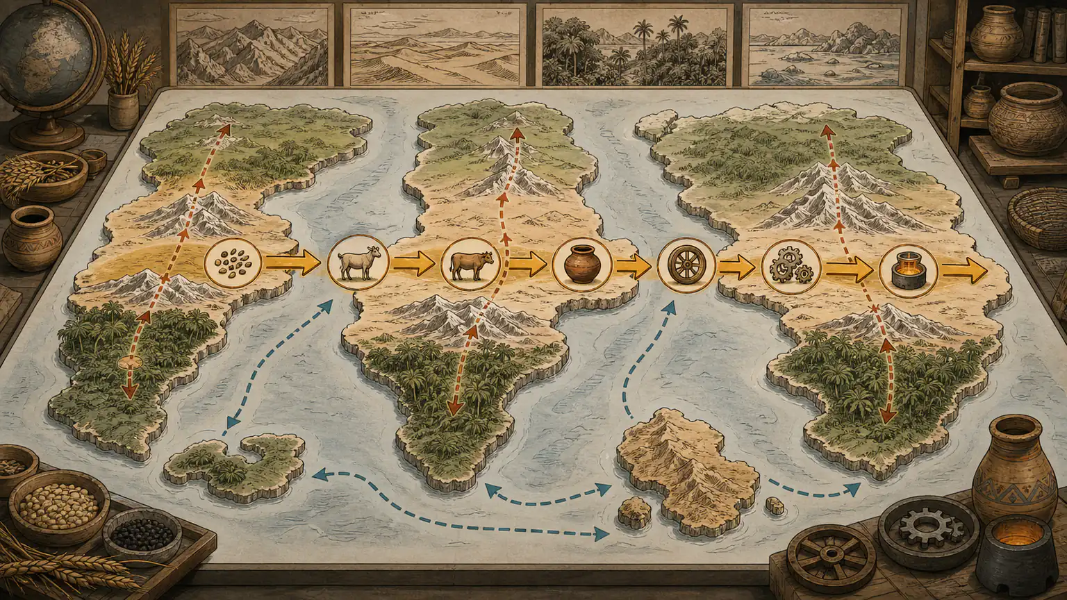 Seeds, livestock, and technology gears move across a relief map at different speeds as mountains, deserts, and oceans shape their routes
