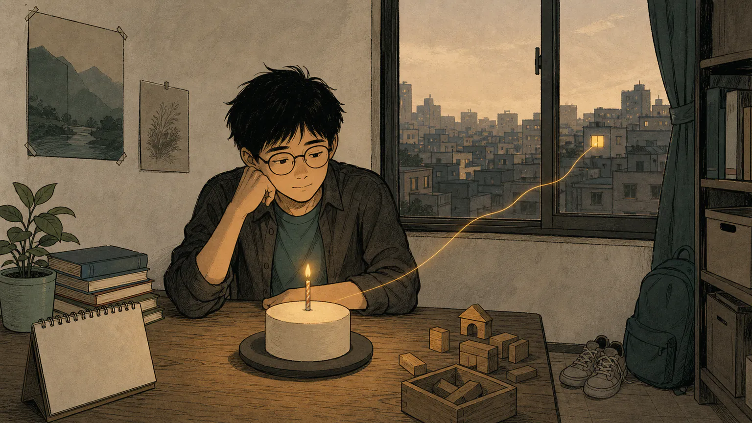 Forest sits at a dorm-room table with a blank small cake while a thin thread links the hot city outside to a distant warm home light