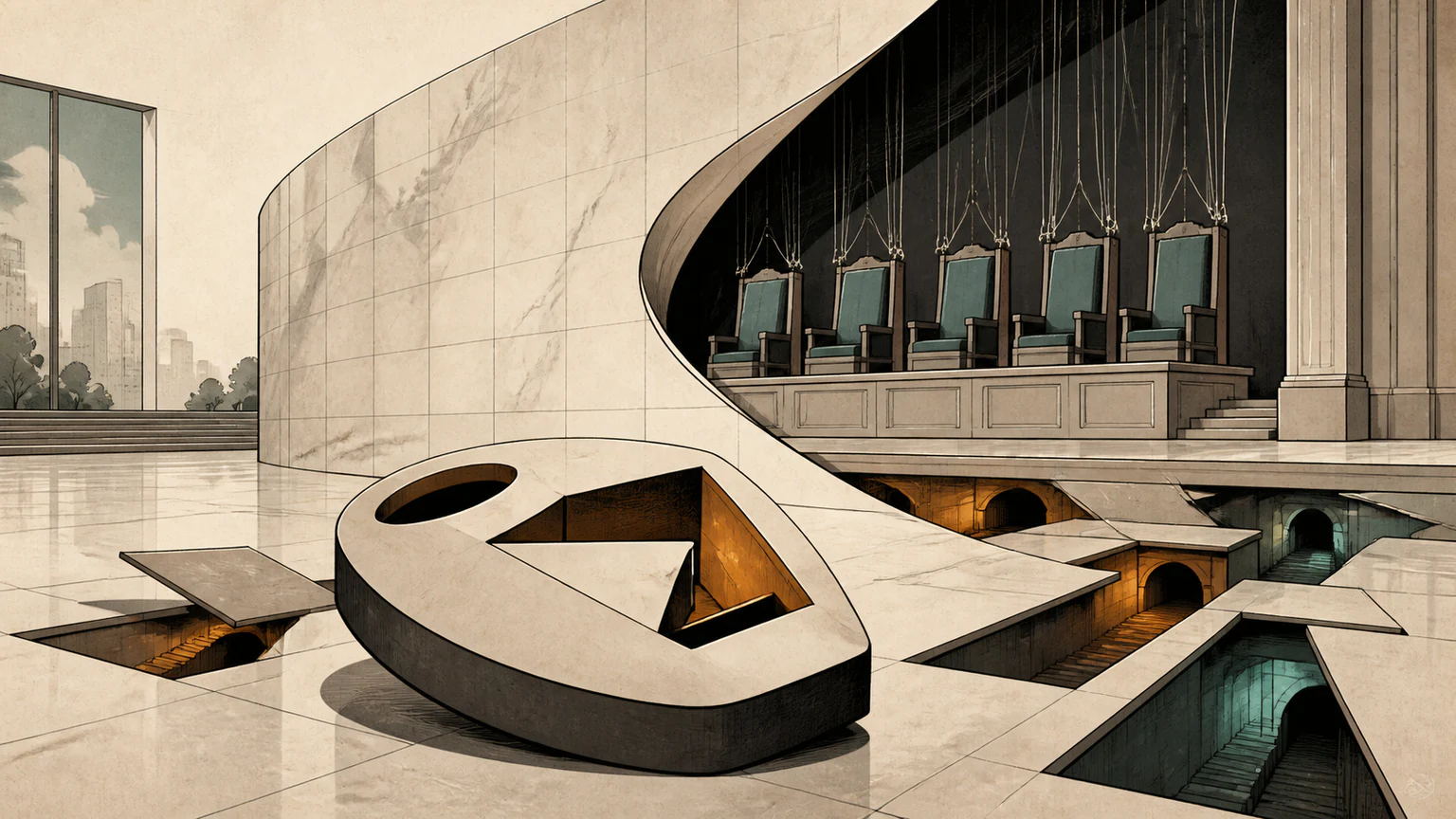 A polished civic hall facade peels back to reveal empty chairs on strings, branching escape hatches, and a comically padded hollow mask
