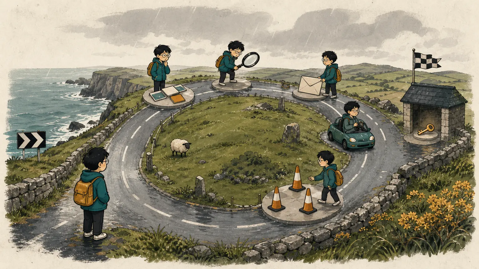 Forest circles an Irish coastal road through abstract theory tiles, an eyesight lens, a blank permit envelope, supervised practice, a road test, and a key