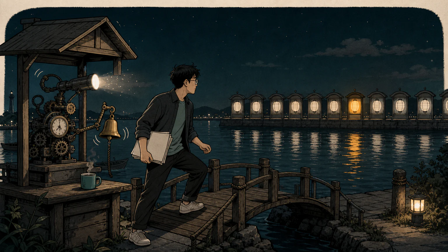Forest waits by a quiet harbour while a tiny lookout bell detects one newly lit appointment window and alerts him to book it himself