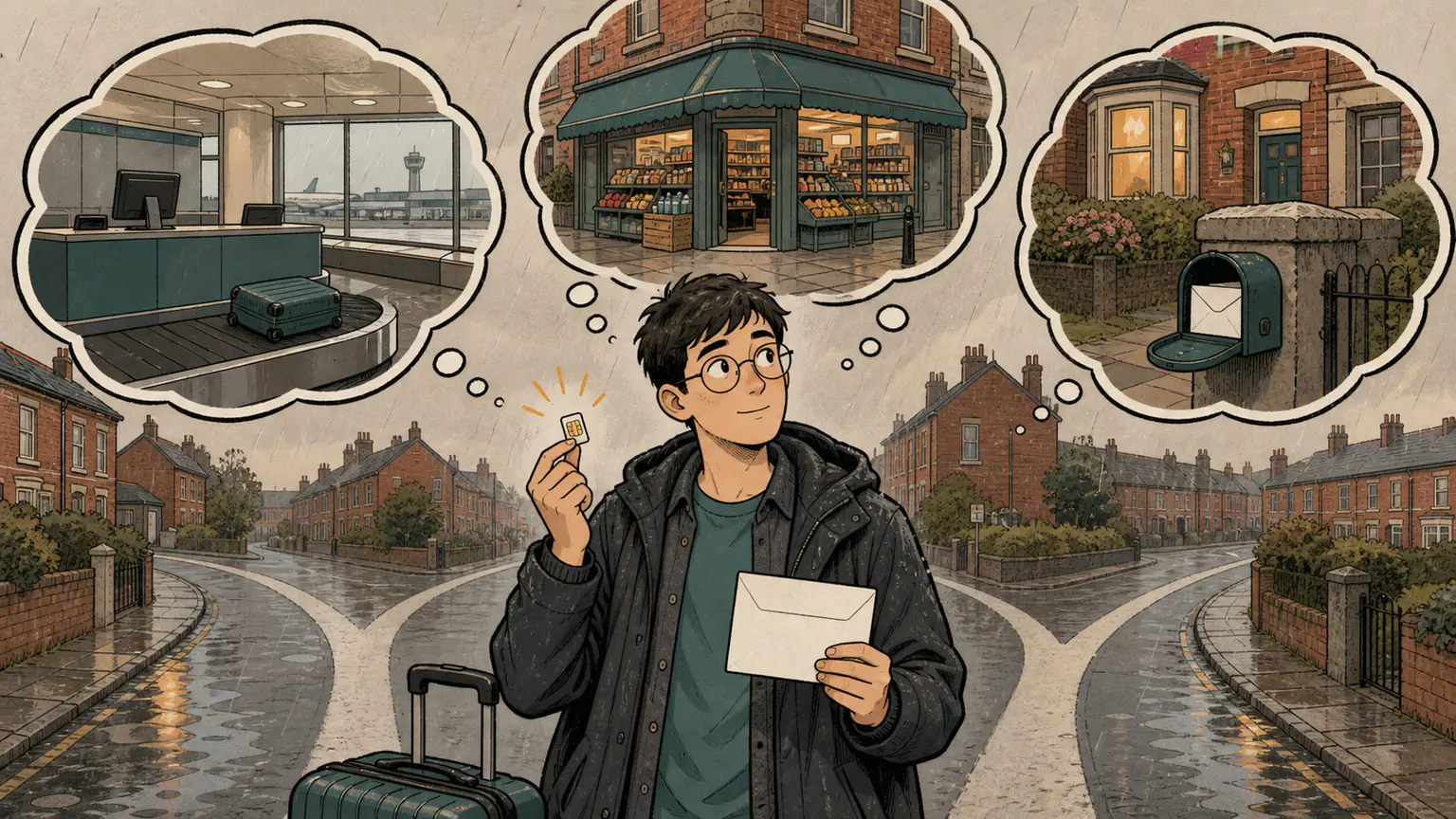 Forest stands with luggage and an envelope at a rainy three-way junction leading to an airport counter, a local shop, and a home mailbox