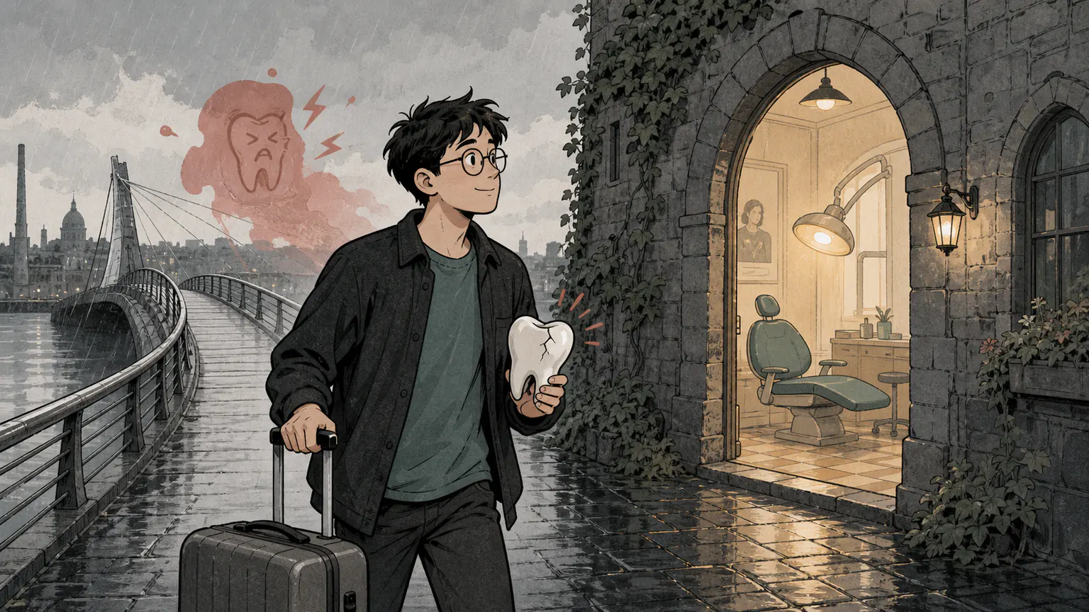 Forest carries a cracked tooth model and suitcase from a hurried departure into a calm clinic beneath a rainy Irish streetscape