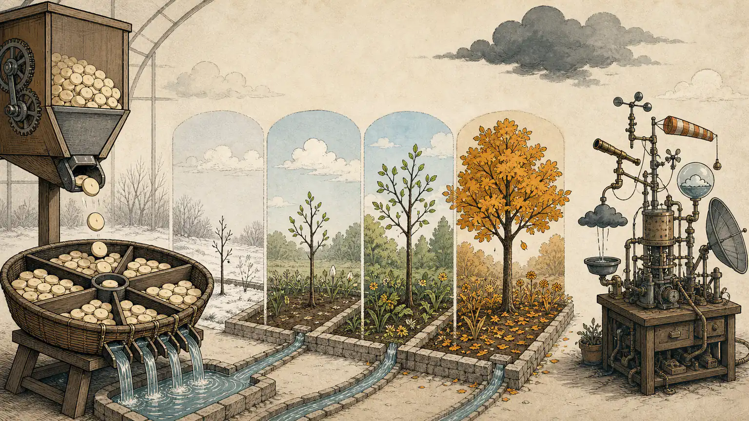 Unmarked tokens arrive at regular intervals into a broad diversified basket while a young tree grows steadily through changing seasons