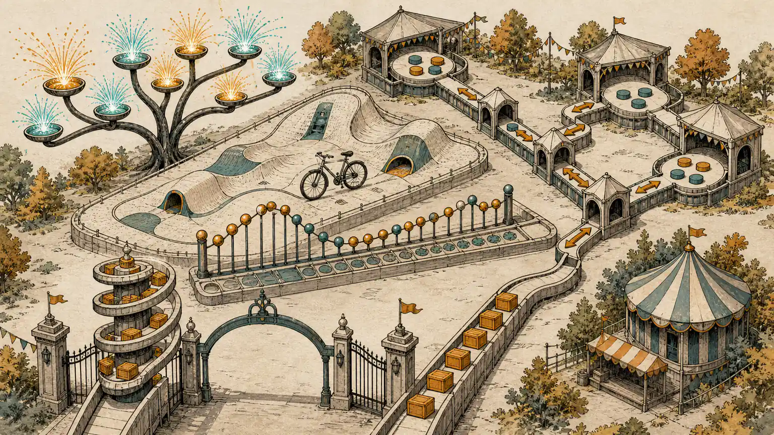 A coloured firework tree, empty bicycle terrain, reverse-flow venue network and stack-or-queue gate share an autumn arena