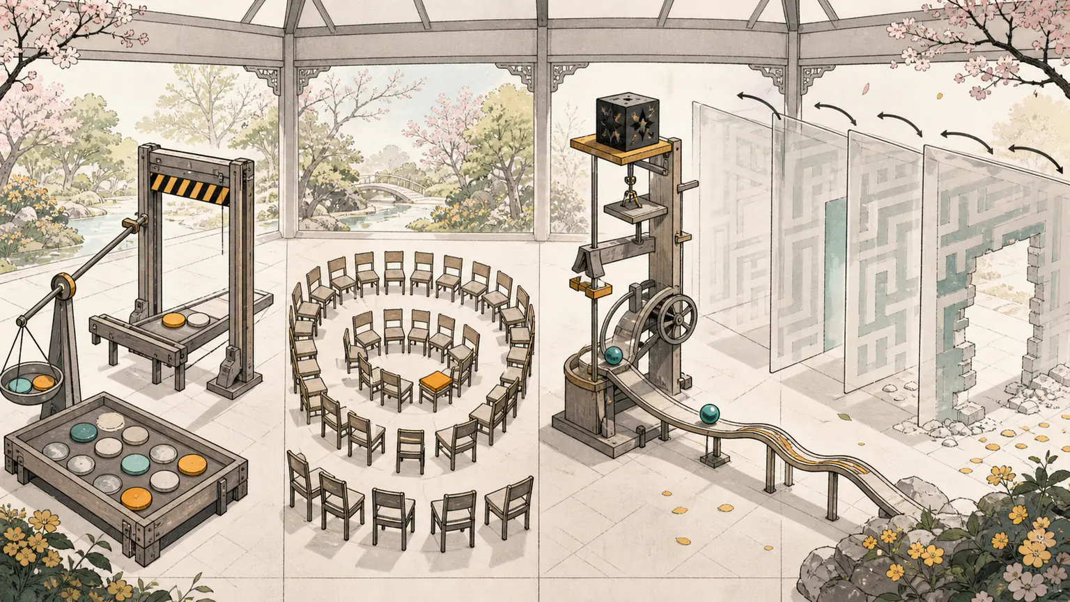 A spring pavilion pairs market tokens, spirals orchestra seats, postpones hazard blocks and flips a time-changing maze